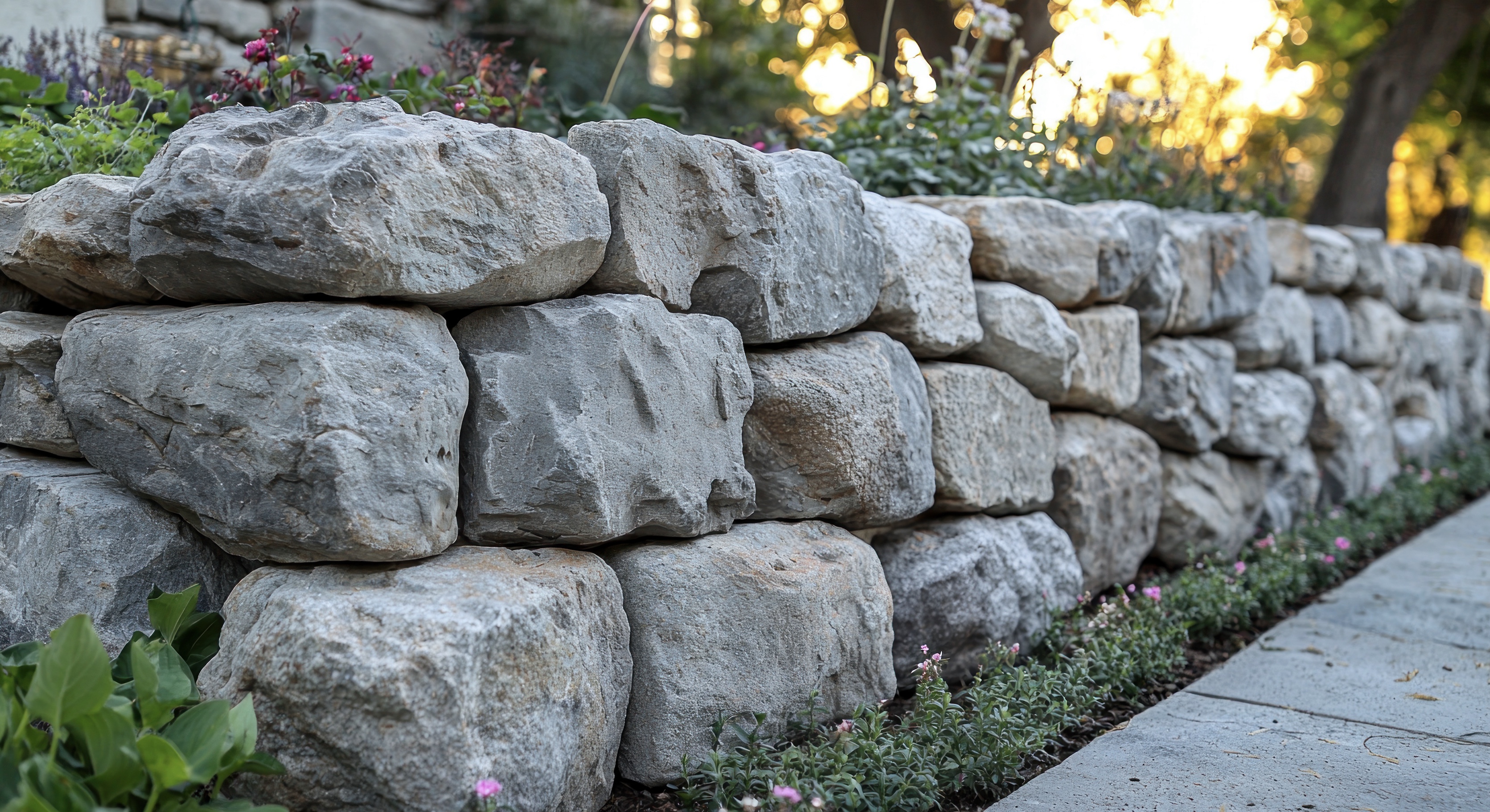 Natural stone rock wall built by Jay's Construction, stacked stone with garden plantings and pink flowers in the foreground at sunset.