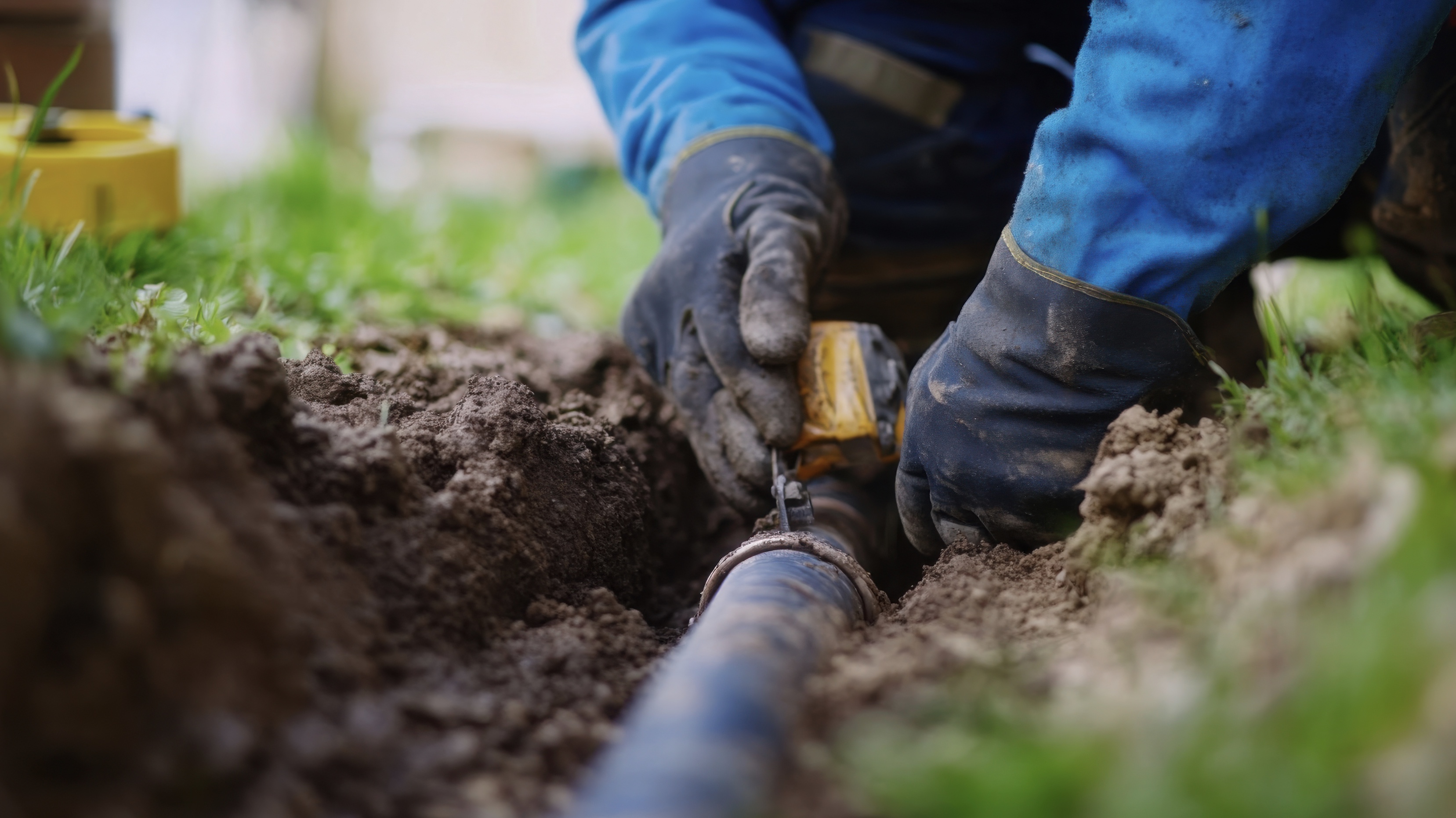 Gloved hands working on a service pipe in an open trench, fitting a new sewer or water line into the ground.